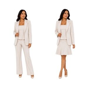 Louben 3 Piece Suit Set Cream Beige Blazer Trousers Skirt Size 12 Made in Canada
